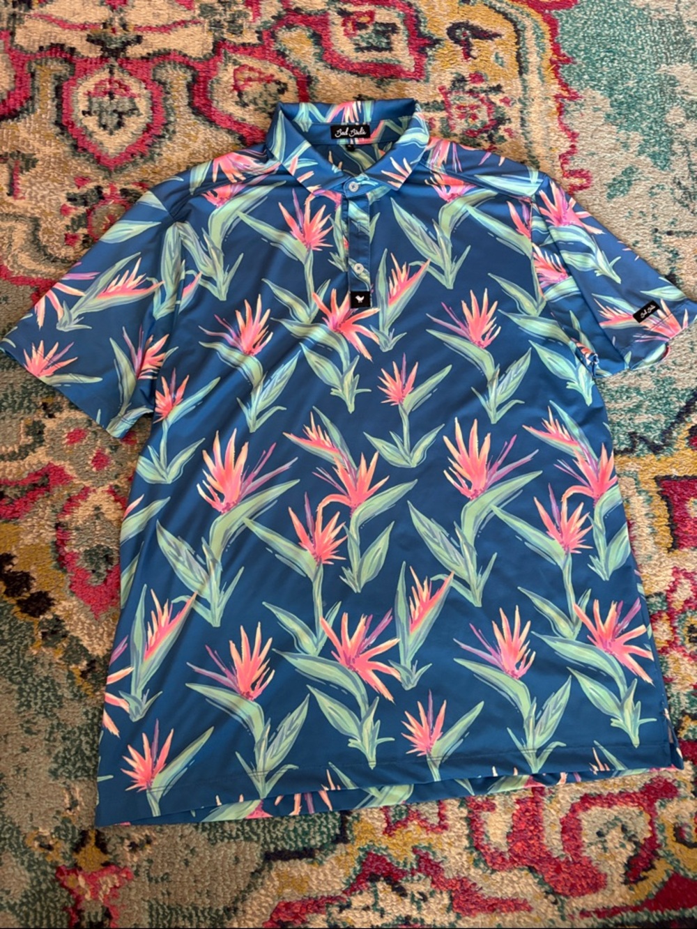Bad Birdie blue Polo with Pink and Green Tropical Print